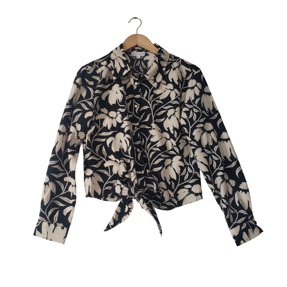 Velvet Fleur Floral‎ Tie Front Blouse Womens Medium Black Cream Long Sleeve Top